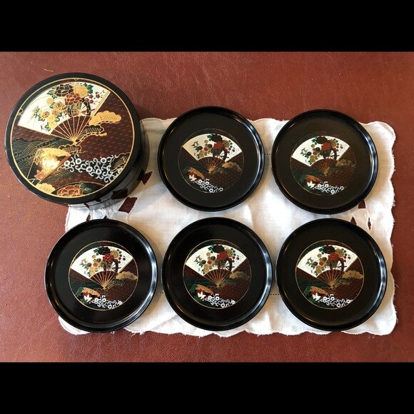 Otagiri 5 Coasters in Box Black Lacquerware Floral Pattern Made in