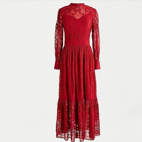 J.Crew Embroidered Long Sleeve Midi Dress Size 2 Ruby Red Eyelet Hem | eBay