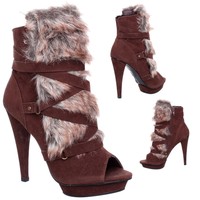 Womens Ladies Faux Fur Peep Toe Stiletto Strappy Zip Up Ankle Boots Shoes Size Womens Ladies Faux Fur Peep Toe Stiletto Strappy Zip Up Ankle Boots Shoes Size