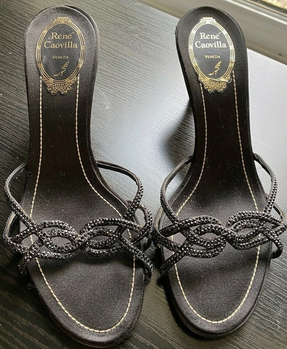 Rene Caovilla Black Satin Kitten Heel Sandals eBay