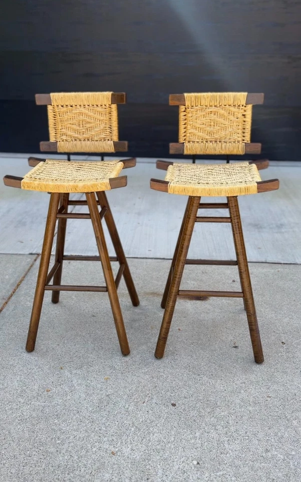 Mid-Century Victor Courtray Style Zebra Wood Woven Swivel Bar Stools - a Pair - Image 2 of 4