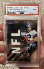 2008 PLAYOFF ABS. MEM. ROGER STAUBACH(HOF) #17 NFL ICONS- MATERIALS PSA 9 MINT 