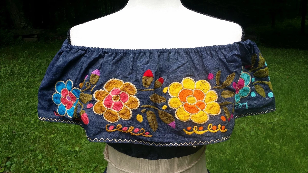 Maya Mexican Dress Belt Vestido Campesino Faja Flowers Chiapas Denim Medium  C010