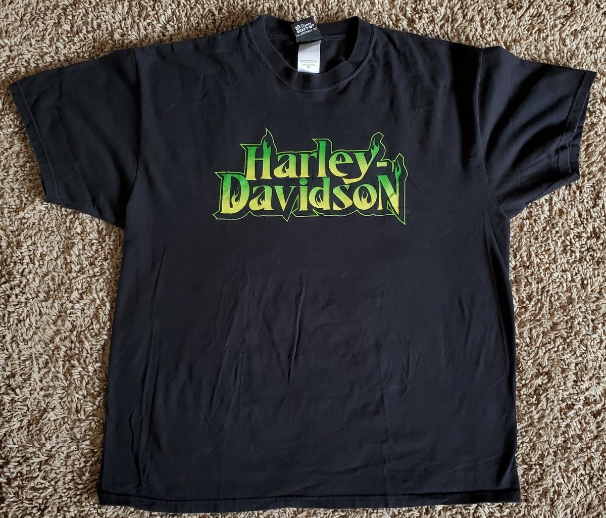 Harley-Davidson Green Flames T-Shirt Mens Black Excellent R.K.