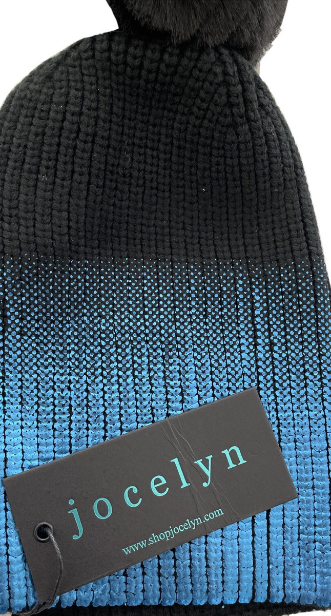 NWT Jocelyn Faux Fur Pom Metallic Blue Black Ombré Knit Hat  display picture 3