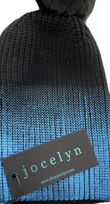 NWT Jocelyn Faux Fur Pom Metallic Blue Black Ombré Knit Hat  display picture 2
