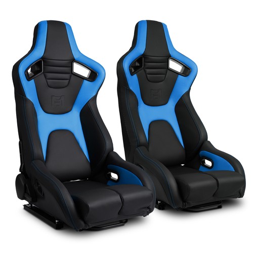 Black+Blue PVC Reclinable Sport Racing Seats Pair W/Slider Left/Right