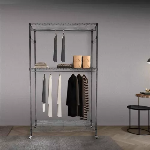 2Tier Rod Closet Organizer Garment Rack Clothes Storage Hanger Shelf Hooks - Picture 10 of 10
