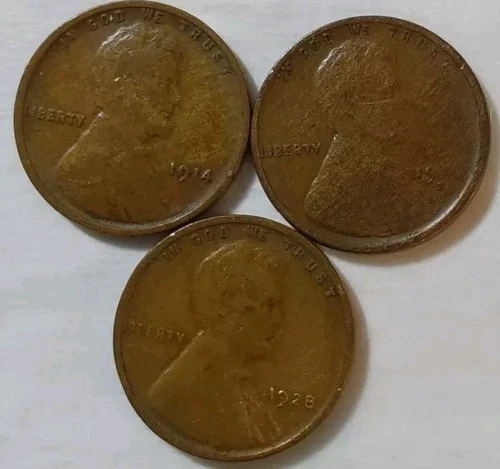 Total Of 3 Lincolns-1914 1918 S & 1928 Lincoln Wheat Cent Very Fine Medium Brown