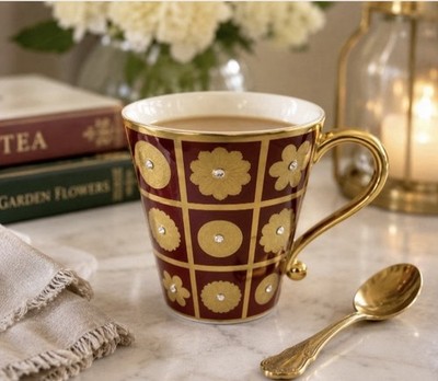 Prouna ''Rich Red '' 7502 Mug Swarovski Elements 24K Gold Plated Accents Luxury