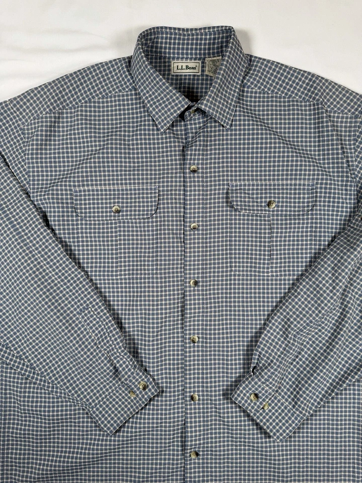 L.L Bean Y2K Men’s XL Tall Plaid Button Shirt Blue Beige Nylon Polyester Outdoor - Image 2 of 4