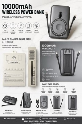 Portable Power Bank/Charger 10,000mAh, Magnetic, USB & USB-C, 15W Fast Charge