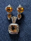 Vintage 925 Sterling Silver Citrine Pendant With Earrings Jewelry Set