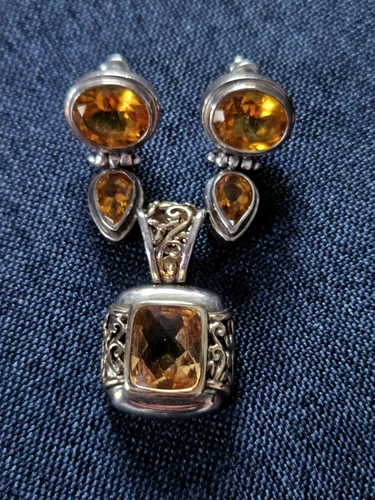 Vintage 925 Sterling Silver Citrine Pendant With Earrings Jewelry Set