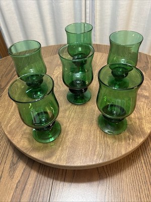 Set 6 Solid Colors Green Hand Blown Water Goblets By Nancy Calhoun Footed Clear