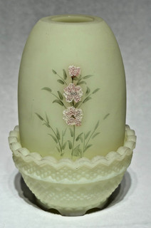 Fairy Lamp Signed P. Bennett Fenton Satin Uranium Custard Glass Laurel Leaf 4.5"