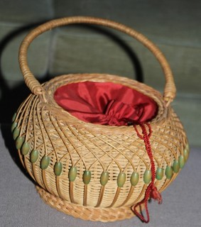 Vintage HANDWOVEN SEWING BASKET Drawstring BEADED Lot AP