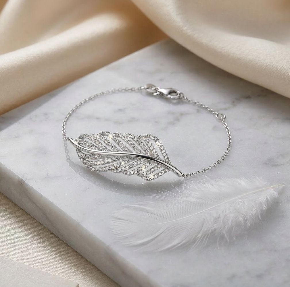 Bracelet Plume Scintillante en Argent 925 Massif 18 cm pour Femme