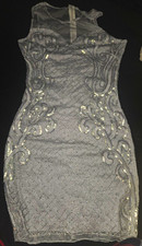 Grey Lace Sequin Bodycon Mini Dress S Sleeveless Round Neck Lined Zip