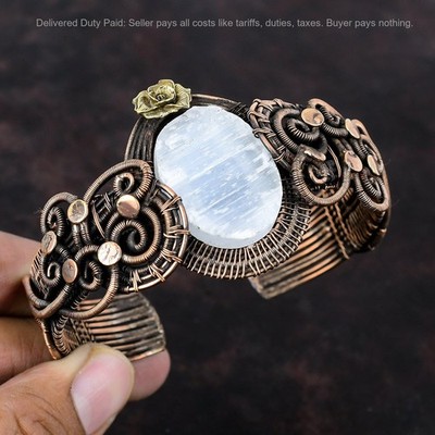 Valentines Deal Oval Natural Selenite Druzy Wire Wrapped Flower Boho Cuff Copper