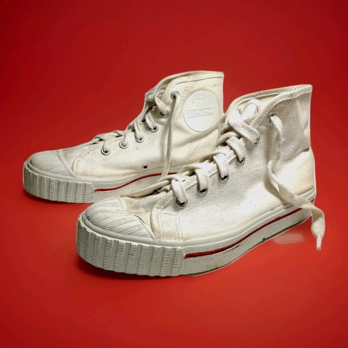 Vtg 60s 70s Deadstock White Canvas High Top Basketball Shoes