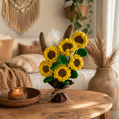 Handmade Crochet Sunflower Bouquet Size Small Free Standing #BohoChic