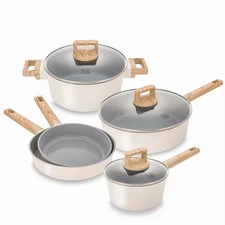 Blue and White 8 Piece Pan and Pot Set with Lid , 8Pcs Sauce Pan Set for Kitchen