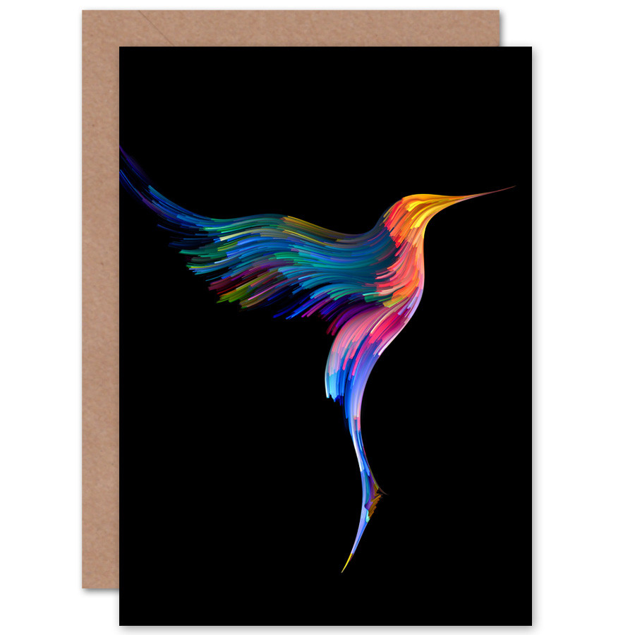 Hummingbird Colourful On Black Card With Envelope