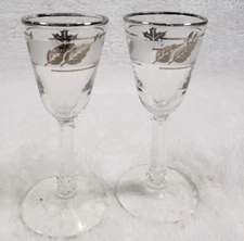 2 Libby Cordial Glasses Silver Leaf Footed Frosted Vintage Mid Century Shot
