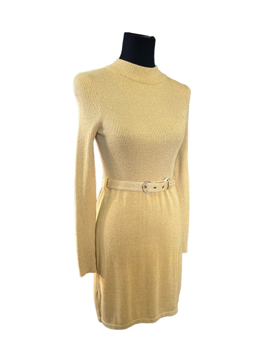 FREE PEOPLE french girl Gold ribbed belted sweater dress Sz XS