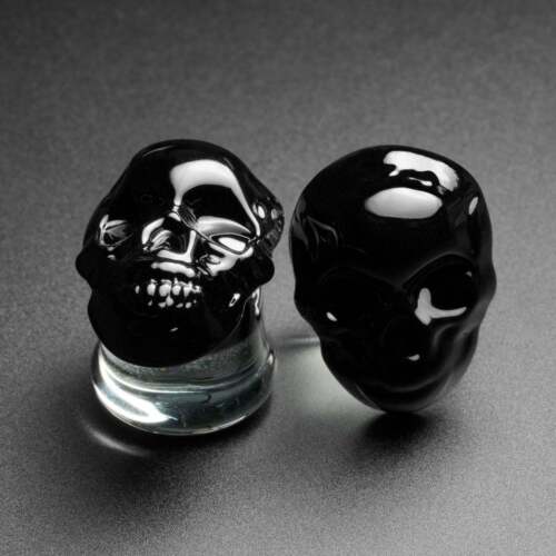 Black Double Flanges Glass Skull Ear Plug Thicknesses Stretch Dilators - Picture 1 of 3
