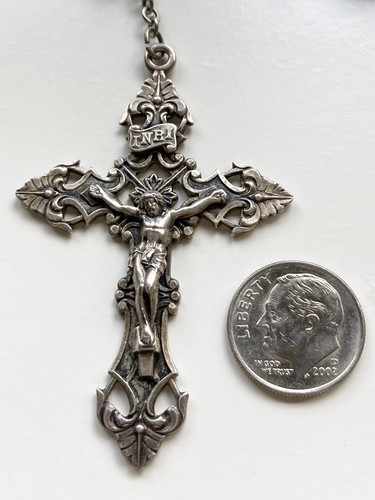 Vintage STERLING SILVER & Faceted Crystal Religious Rosary Beads Necklace - Picture 5 of 8