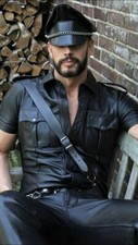 Men's Real Leather Police Shirt Gay Biker Schwarz Cuir Lederhemd Black Punk Kink