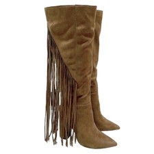 Stivali Donna Texani Scarpe Cuoio Frange Scamosciato Western Camperos Tacco Alto