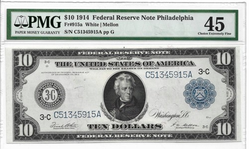 1914 $10 Federal Reserve Note Philadelphia FR 915a White/Mellon : PMG 45