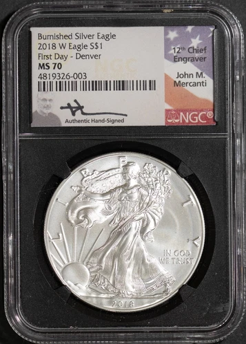 2018-W Eagle Burnished Silver Eagle FD Mercanti Denver NGC # 4819326-003