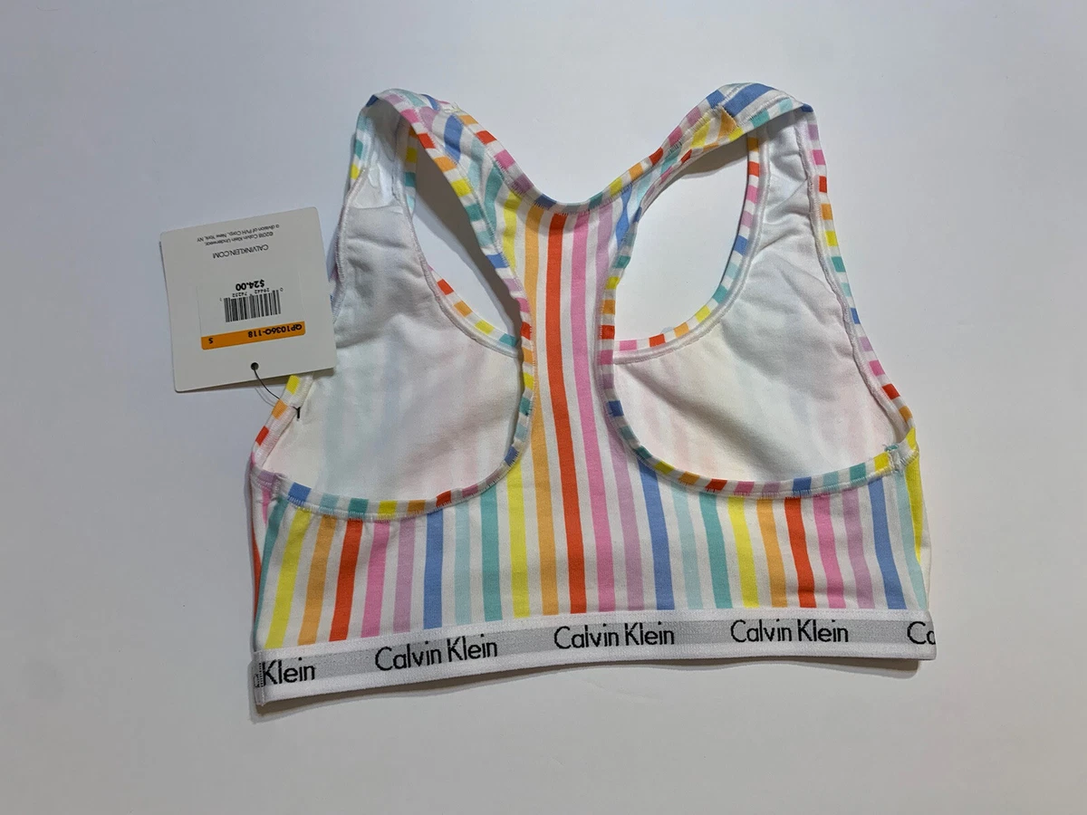 NEW CALVIN KLEIN LOGO BAND RAINBOW STRIPE SPORTS RACERBACK BRA SMALL 24