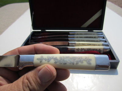 6 Old Coast Cutlery Co Japan Sterling Stag Design Inlay Steake