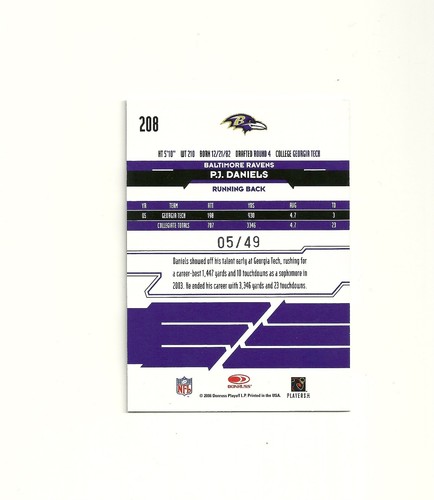 2006 Leaf Rookies and Stars Longevity Holofoil #208 P.J. Daniels /49 Ravens GT - Picture 2 of 2