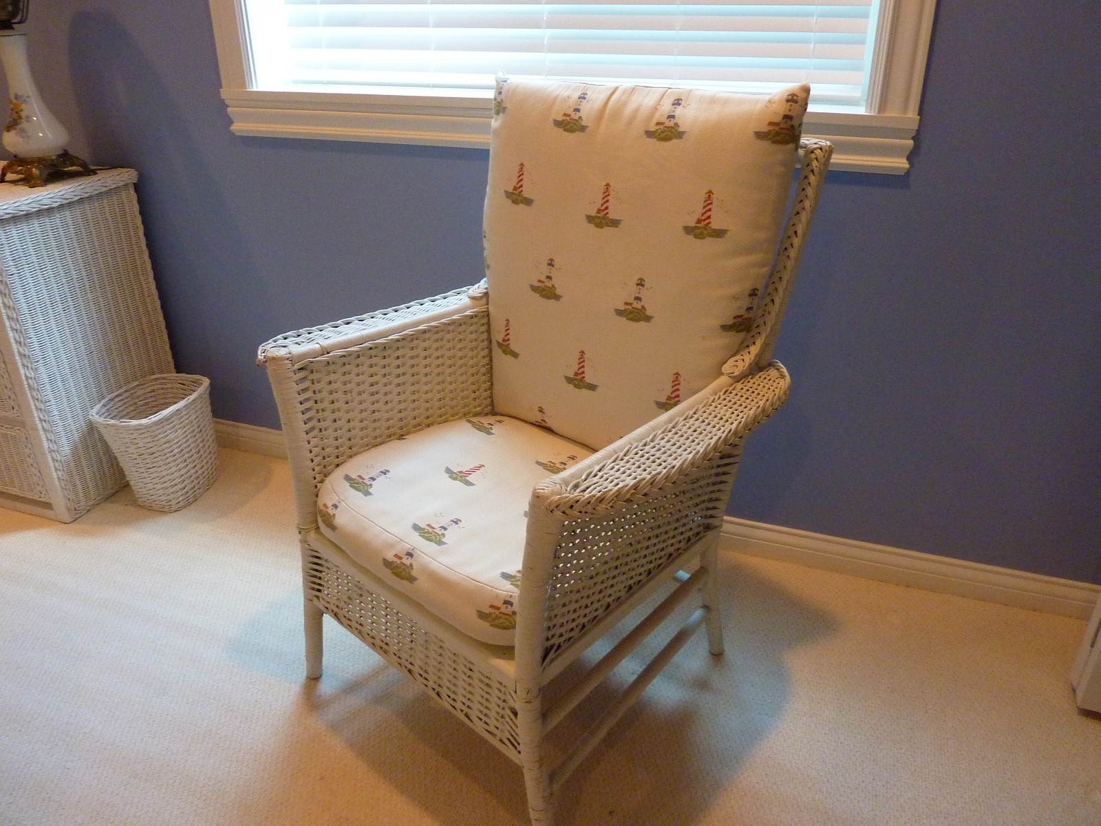 Mid Century Heywood Wakefield White 22正規激安 Chair Nautical Cushions Euc On Wicker Print