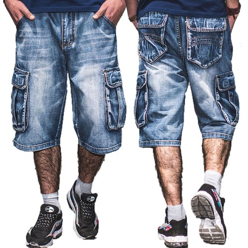 Men's Denim Cargo Pockets Loose Fit Breathable Jeans Shorts Hip Hop Punk Pants - Picture 7 of 7
