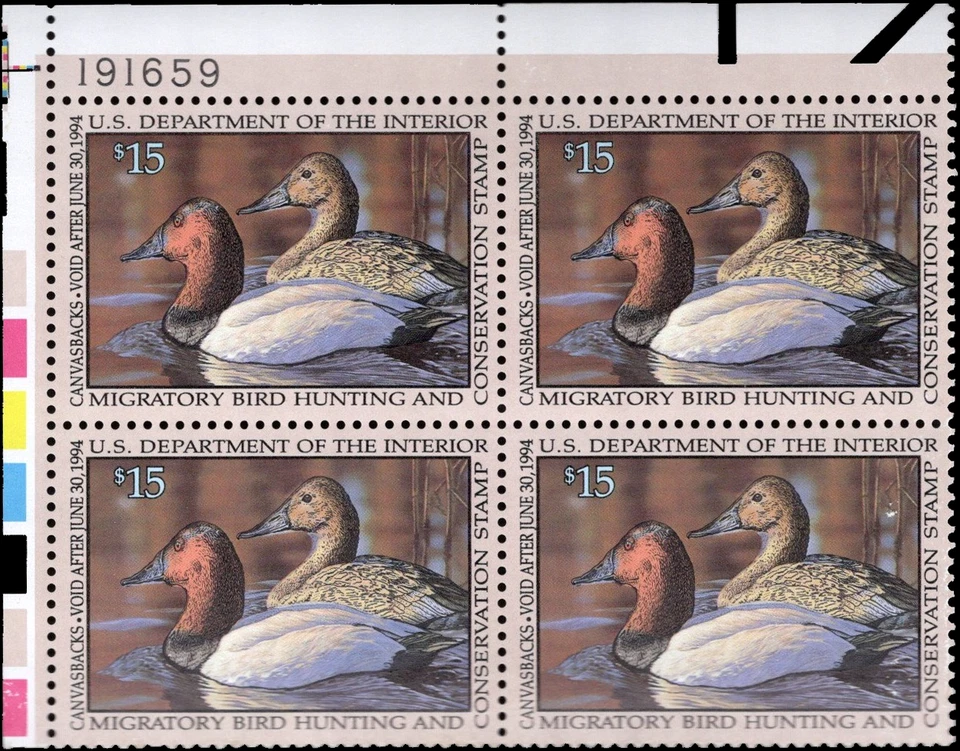 UNITED STATES-1993- Hunting Permit $15 Canvasbacks-Sc# RW 60-Blk of 4-MNH,OG, EF - Image 3 of 3