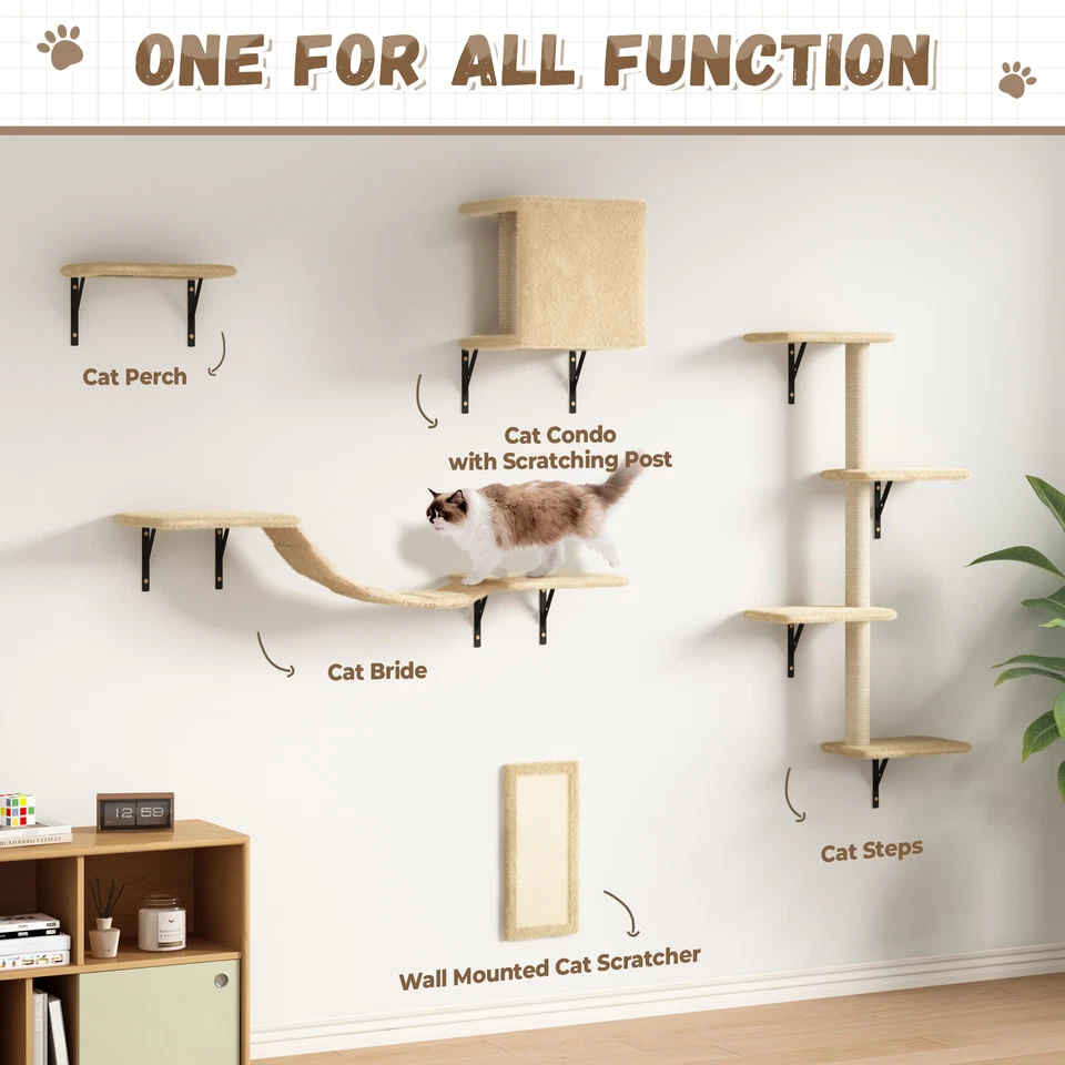 COZIWOW 5 Pcs Wall-Mounted Cat Climber Set Wood Indoor Cat Furniture Cat Shelves - Image 4 of 4