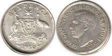 Australia: 1950 Six Pence KGVI silver 6d variety struck off-centre. High rim