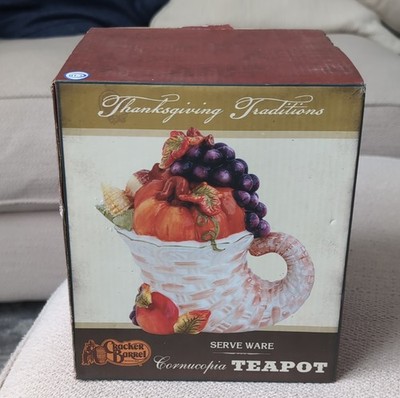 Cracker Barrel Glazed Ceramic Cornucopia Teapot Fruit Pattern Thanksgiving Lid