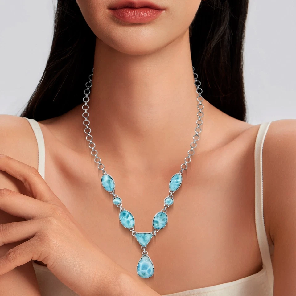Collana goccia naturale Larimar in argento sterling 925 gioiello di design... - Immagine 2 di 3