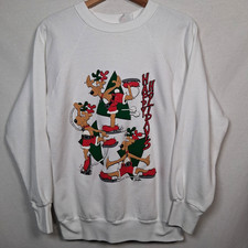 Vintage Christmas Sweatshirt Large Happy Holidays Ice Skating Reindeer READ