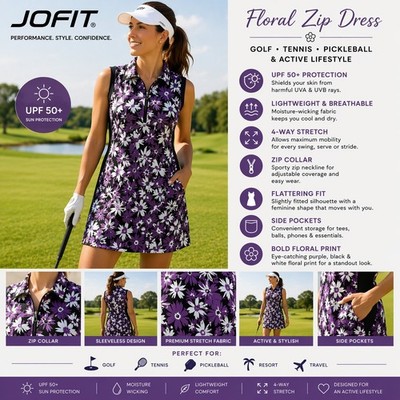 Jofit Floral Golf Dress Sleeveless Zip Collar UPF50 Tennis Pickleball Activewear