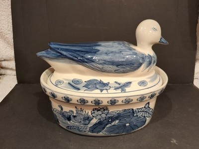 GROSSE VINTAGE KERAMIK BLAU & WEISS ENTENFORM DECKELTERRINE SCHALE *