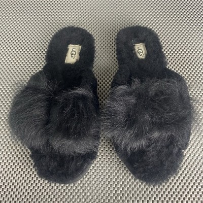 UGG Mirabelle Fluff Slide Slippers Womens 10 Black Front Bow Leather Sheepskin